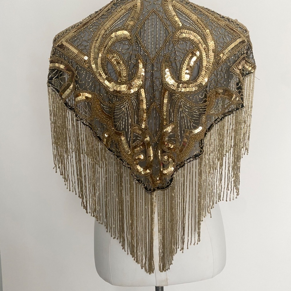 Gold Art Deco Hand Beaded Fringe and Sequin Cape - Picture 5 of 7